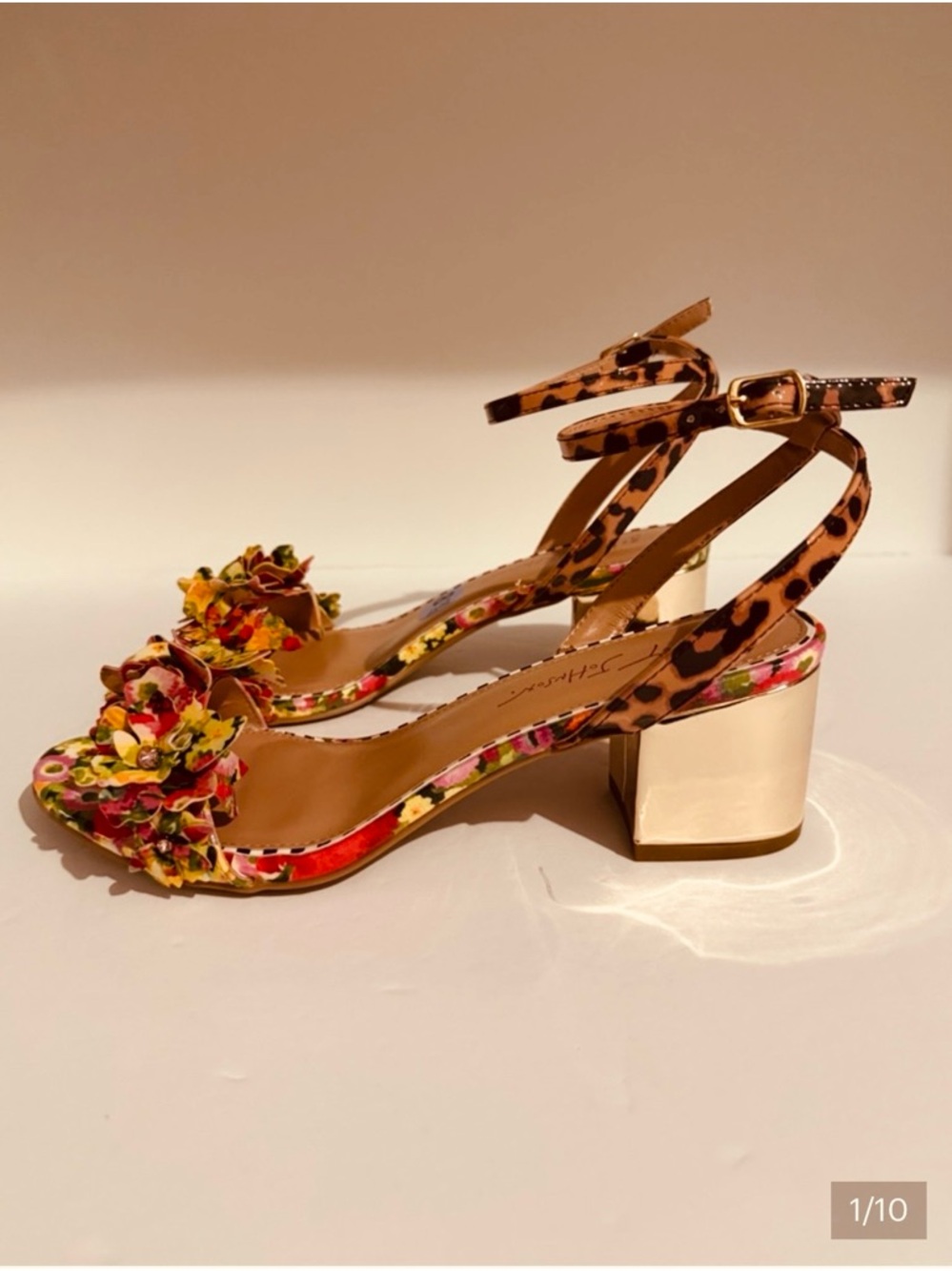 Betsey Johnson Floral & Leopard Print Block Heel Sandals - Pink/Brown/Gold
